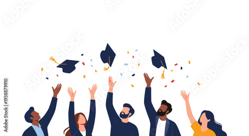 Group of happy graduates throwing their mortarboard caps into the air with confetti to celebrate academic success.