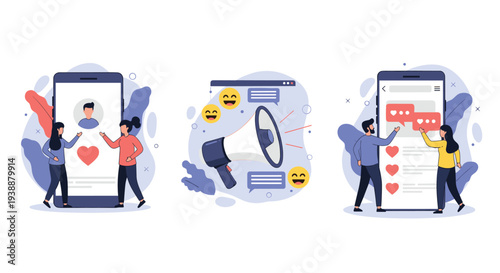 People interacting with large smartphones for social media dating, marketing through megaphones, and online chat.