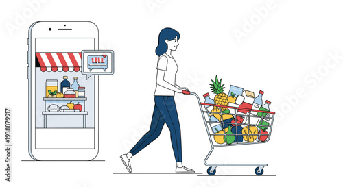 Woman pushing a shopping cart full of groceries with a large smartphone displaying an online store behind her.