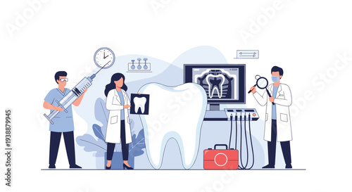 Team of dental professionals examining a giant tooth with X-rays, magnifying glasses, and various instruments.