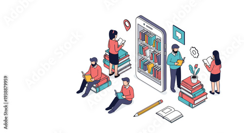 Group of people reading physical books around a giant smartphone that acts as a digital library or ebook shelf.