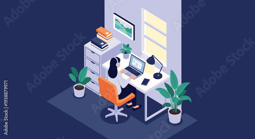 Young woman wearing headphones and working on her laptop at a organized home office desk with indoor plants.