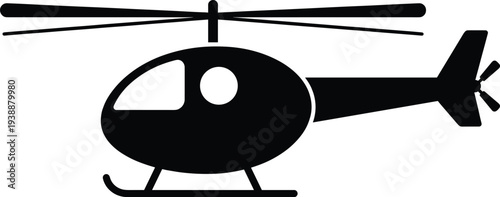 Black silhouette helicopter icon with rotor blades, cockpit window, and landing skids design for aviation, transportation, signage, and educational graphic projects
