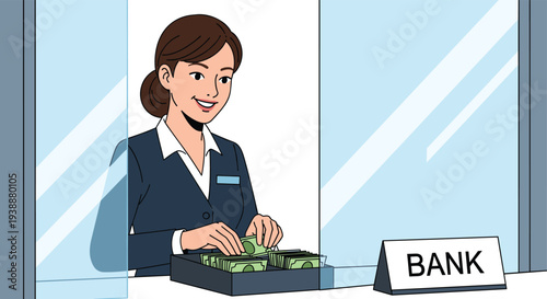 Friendly female bank teller sitting behind a glass window and counting stacks of cash for a financial transaction.