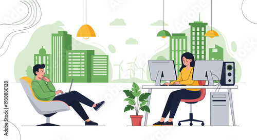 Two professionals working on their computers in a modern eco-friendly office with a green city and windmills.