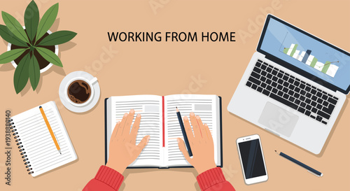 Overhead view of a workspace with a laptop, an open notebook, a coffee cup, and hands writing in a journal.