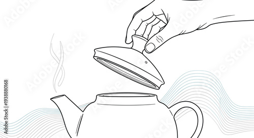 Minimalist line art illustration features a human hand opening a ceramic teapot lid while hot steam rises into the air.