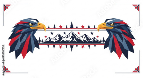 Patriotic american eagle heads with mountain landscape and stars design element