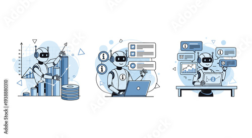 Three panels show advanced robots analyzing financial data, using a laptop, and managing multiple digital business tasks.