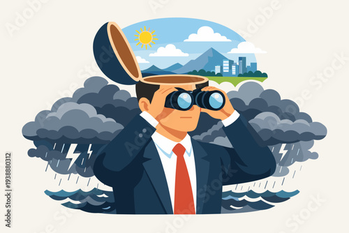 Businessman Looking Through Binoculars with Open Head Revealing Sunny Landscape Amidst Stormy Clouds and Rough Sea, Concept of Strategic Vision, Future Planning, and Overcoming Tough Challenges