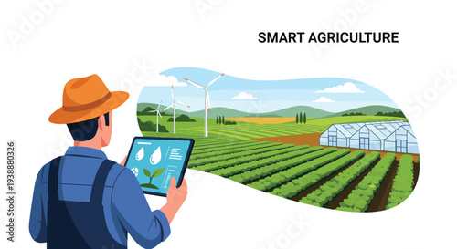 Farmer monitors his green crops and greenhouses using a digital tablet for efficient smart agriculture and farm management.