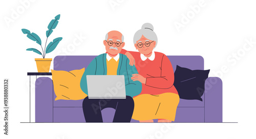 Happy elderly couple is sitting together on a comfortable purple sofa while browsing on a silver laptop in their living room.