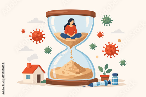 Woman Sitting Inside an Hourglass Waiting for the End of the Coronavirus Pandemic Vector Illustration, Concept of Quarantine, Stay at Home, Time Counting Down for Vaccine and Cure Discovery