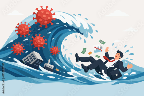 Coronavirus pandemic wave hitting global economics causing company and business to collapse and bankruptcy. Financial crisis and recession concept with businessman falling into deep water.