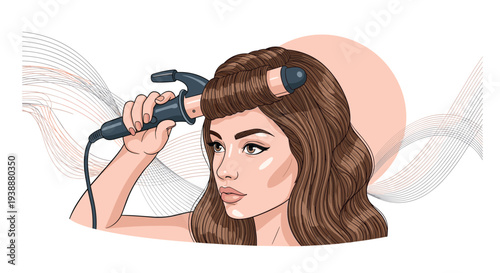 Young woman uses an electric curling iron to style her long brown hair against a light pink circular background element.