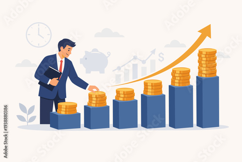 Businessman investing money in stock market using dollar cost averaging strategy, growing wealth with monthly savings and compound interest, financial growth bar chart with gold coins and arrow.