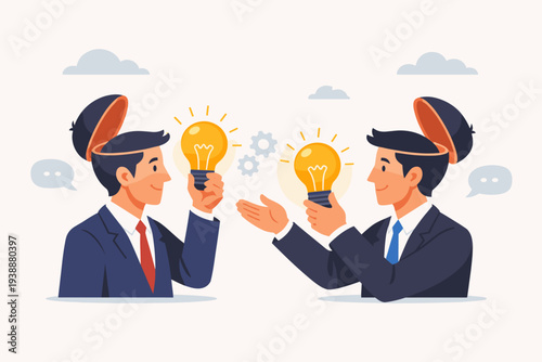 Vector illustration of two businessmen exchanging glowing lightbulbs from their open heads, representing brainstorming, knowledge sharing, creative thinking, and finding innovative solutions.
