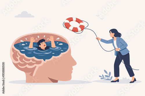 Mental Health Support and Therapy Concept with Woman Throwing Lifebuoy to Rescue Drowning Man Inside Giant Human Brain, Symbolizing Psychological Help for Depression, Anxiety, and Stress Relief