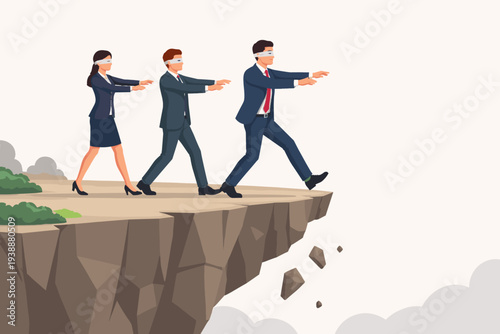 Blindfolded business people walking off a cliff edge representing bad leadership, corporate failure, wrong decision making, business risk, crisis management, and following blindly into danger.