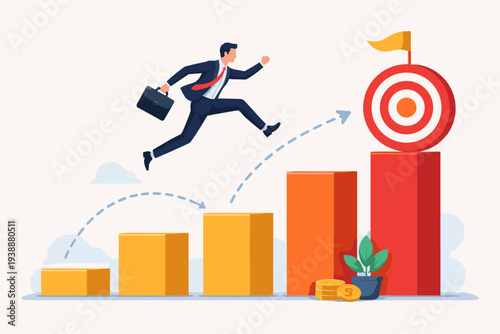 Businessman jumping over rising bar chart towards target bullseye, concept of motivation to reach goals, resilience to jump back higher, career progress, business growth, ambition and success.