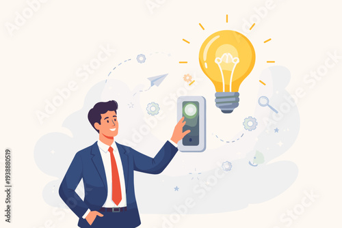 Smart Businessman in a Suit Turning on a Light Switch to Ignite a Large Glowing Light Bulb, Symbolizing New Business Ideas, Innovation, Creativity, Inspiration, and Successful Problem Solving.