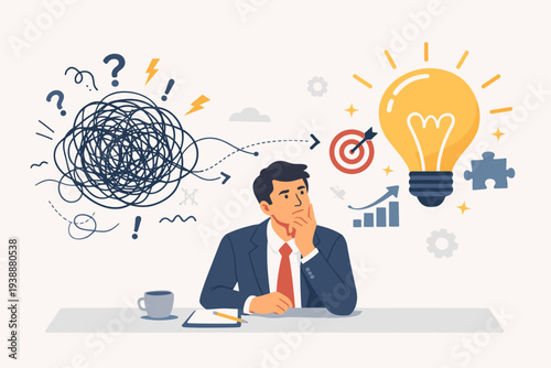 Businessman solving complex problems and finding creative solutions. Flat vector illustration of strategic thinking, innovation, and clarity from chaos with lightbulb, target, and tangled mess.