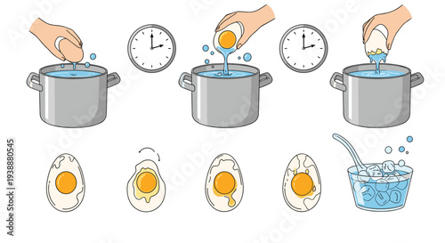 Kitchen infographic shows the sequential steps for boiling eggs from placing them in water to cooling them in a bowl of ice.