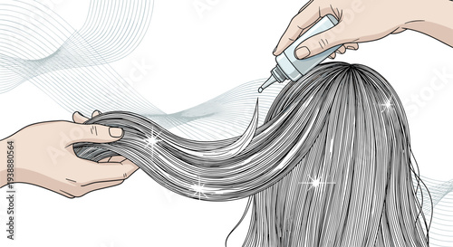 Close up illustration shows human hands applying a liquid hair treatment or natural oil to a womans long, shiny black locks.