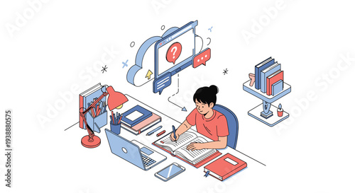 Young woman sits at her desk studying with books and a laptop while a virtual cloud of knowledge and questions floats above.