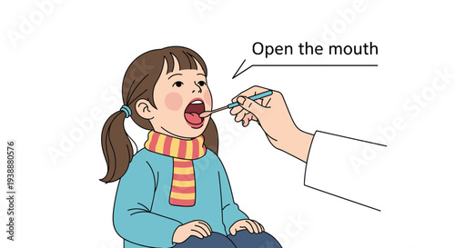 Professional pediatrician uses a tongue depressor to examine a young girls throat during a medical checkup in the clinic.