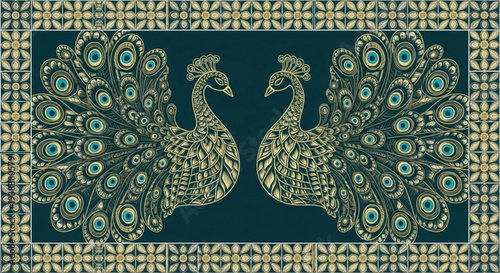 Two peacocks with vibrant feathers and ornate patterns on a dark blue background with decorative border