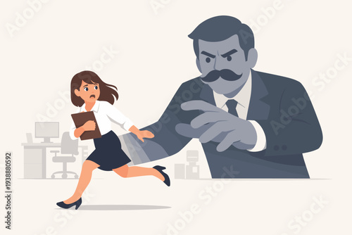 Sexual Harassment and Workplace Abuse Concept with Scared Businesswoman Running Away from a Giant Menacing Boss Figure, Gender Discrimination, Inequality, and Toxic Office Environment Illustration