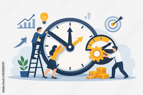 Business Team Working Together for Time Management and Resource Optimization Concept. Professional People Collaborating for Productivity, Efficiency, and Goal Achievement with Clock and Gear.