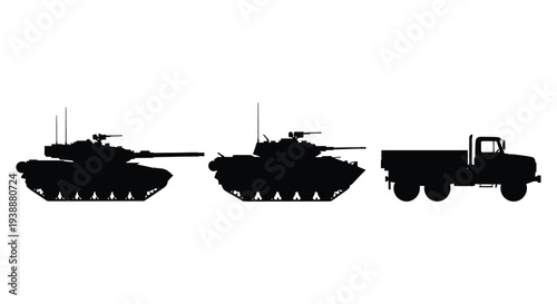 A stark black silhouette depicts a tank armored vehicle and military truck formation silhouette high quality