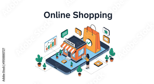 Modern isometric illustration depicts an online shopping experience with a store building on a large smartphone screen.