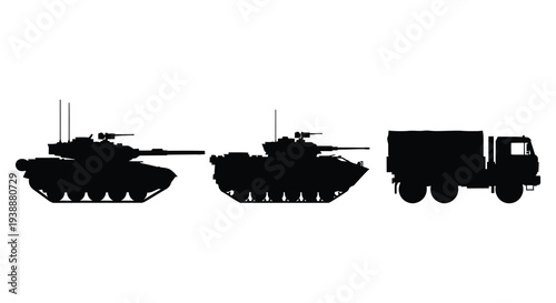 A stark depiction of military vehicles showcasing a tank and truck in black silhouette high quality