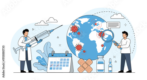 Two doctors work on a worldwide vaccination strategy with a large blue globe, medical syringe, and a calendar background.