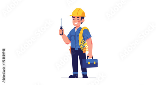 Professional electrician in a yellow hard hat and uniform holds a screwdriver and a coil of wire with a blue toolbox.