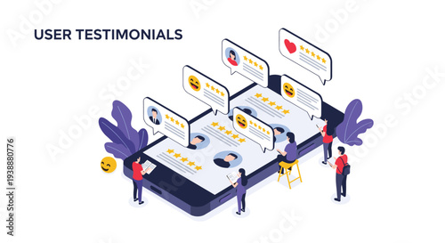 Team of small people interacts with user testimonial bubbles and five star ratings on a large mobile phone touch screen.