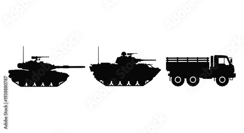 A stark black silhouette depicting a military convoy with tanks and a transport vehicle silhouette