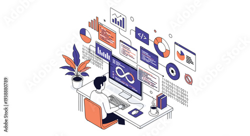 Software developer sits at his desk analyzing complex data and code on a computer monitor with many colorful icons.