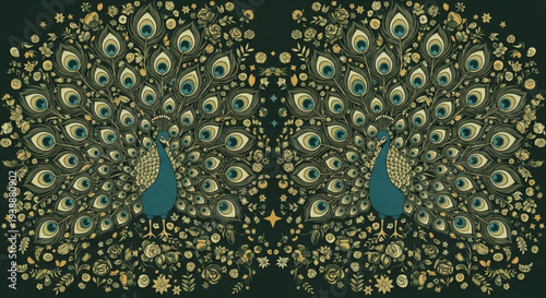 Two peacocks display vibrant plumage with blue and gold feathers on dark background