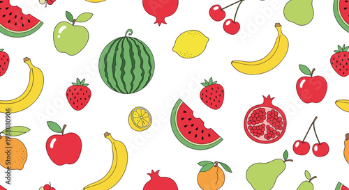 Seamless background pattern features various hand drawn colorful fruits like watermelon, apple, banana, and strawberries.
