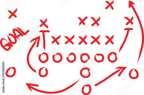 Hand drawn red Xs and Os on a white background illustrating a strategic offensive play design for American football.