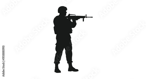 A soldier stands in a shooting stance weapon extended depicted as a dark silhouette high quality