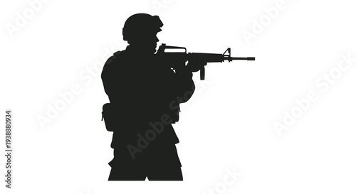 A soldier stands armed with a rifle viewed in profile against a bright background silhouette