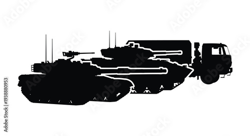 A stark black silhouette of a military tank with detailed features and a powerful presence silhouette
