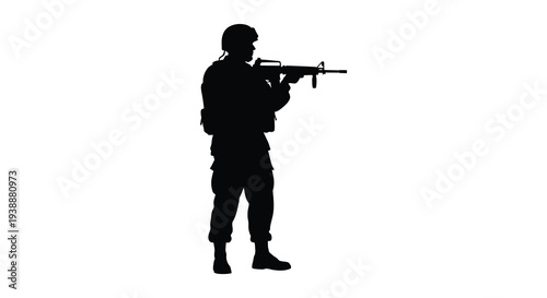 A solitary soldier stands guard weapon raised in a stark black silhouette high quality professional detailed