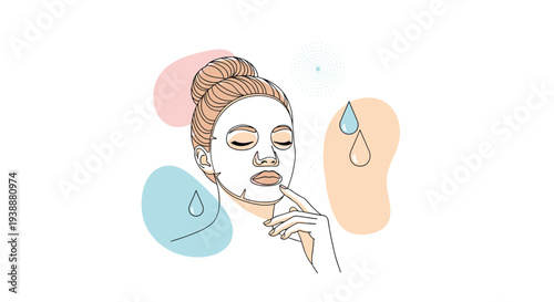Minimalist line art features a woman wearing a facial sheet mask with abstract colorful shapes and falling water drops.