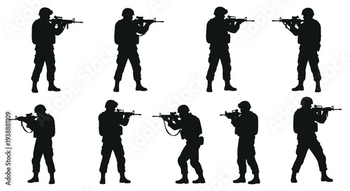 A series of soldiers in combat poses depicted as a striking black graphic silhouette high quality